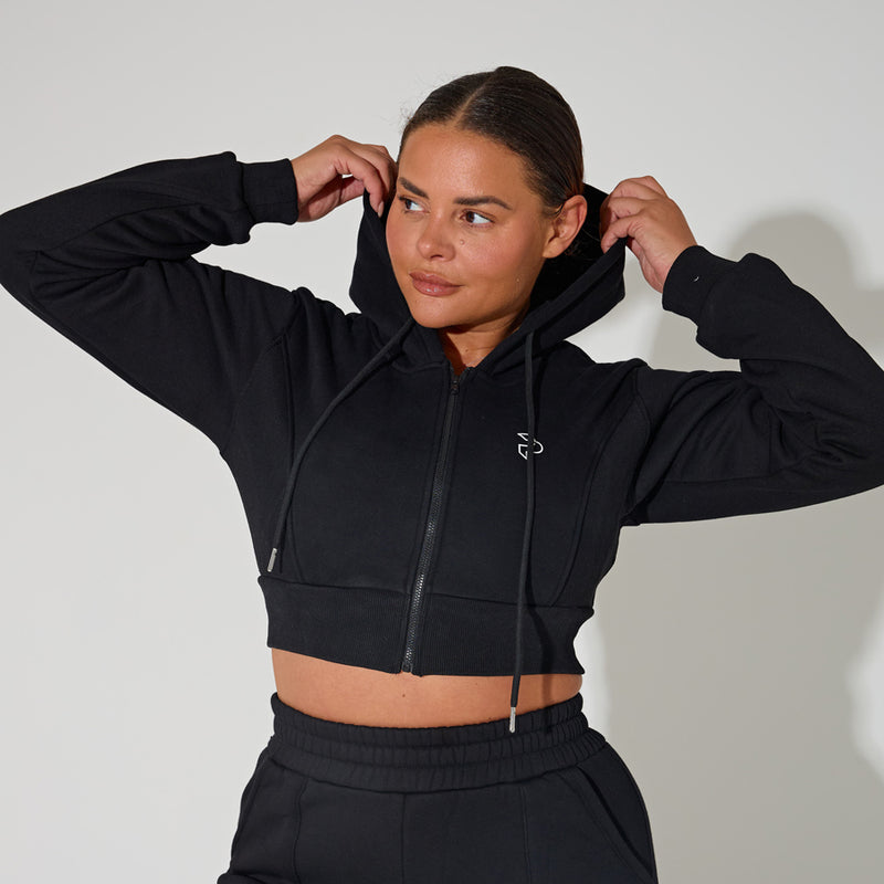 Black Cropped Zip Up Hoodie